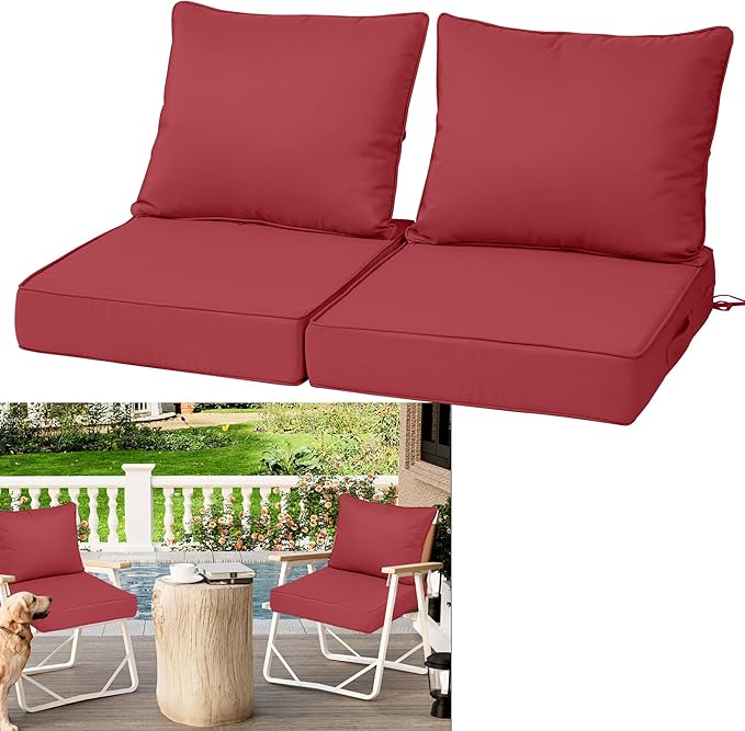 Waterproof Outdoor Chair Cushion Set of 2, 22x22x4 IN Deep Seat Patio Cushions with Fade Resistant Removable Cover,Outdoor Cushions for Patio Furniture with Ties&Handle for Chair Sofa Couch,Wine Red