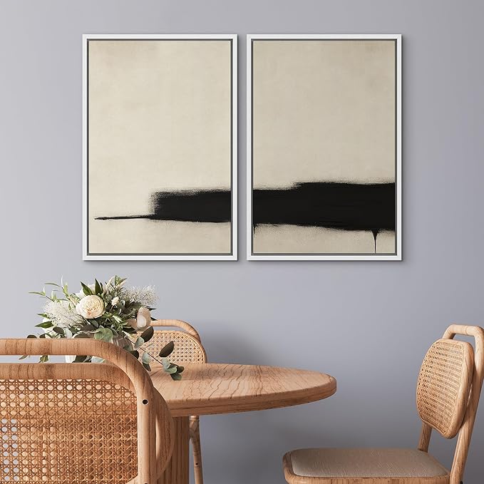 SIGNWIN Framed Wall Art Print Set Minimalist Black Brushstroke Abstract Neutral Beige and Black Illustrations Modern Art Rustic Relax/Calm for Living Room, Bedroom, Office - 16"x24"x2 WHITE
