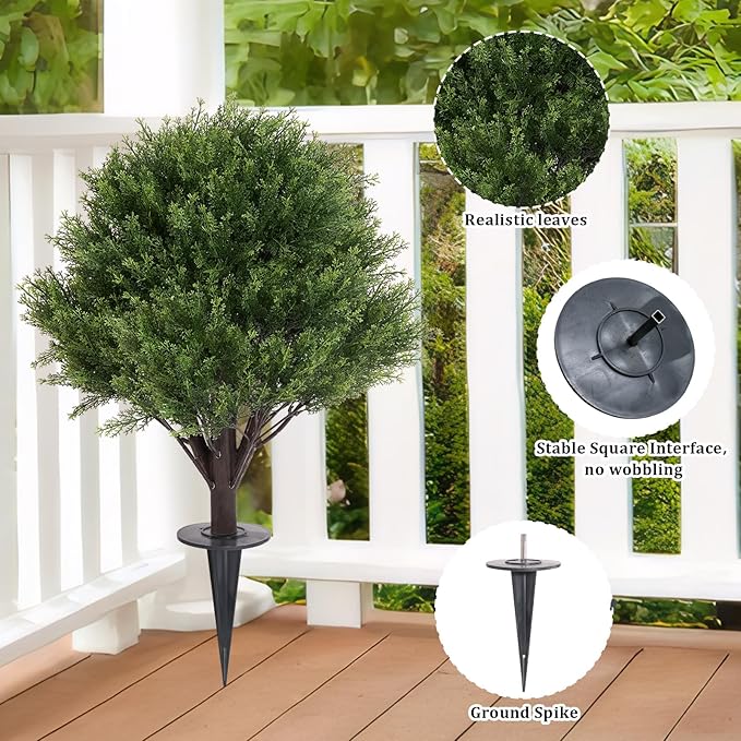 27" Tall Artificial Cedar Topiary Ball Tree with Ground Spike Set of 2, UV Resistant Faux Plants Outdoor, Realistic Large Greenery Fake Bushes and Shrubs for Planters Front Porch Garden Backyard Decor