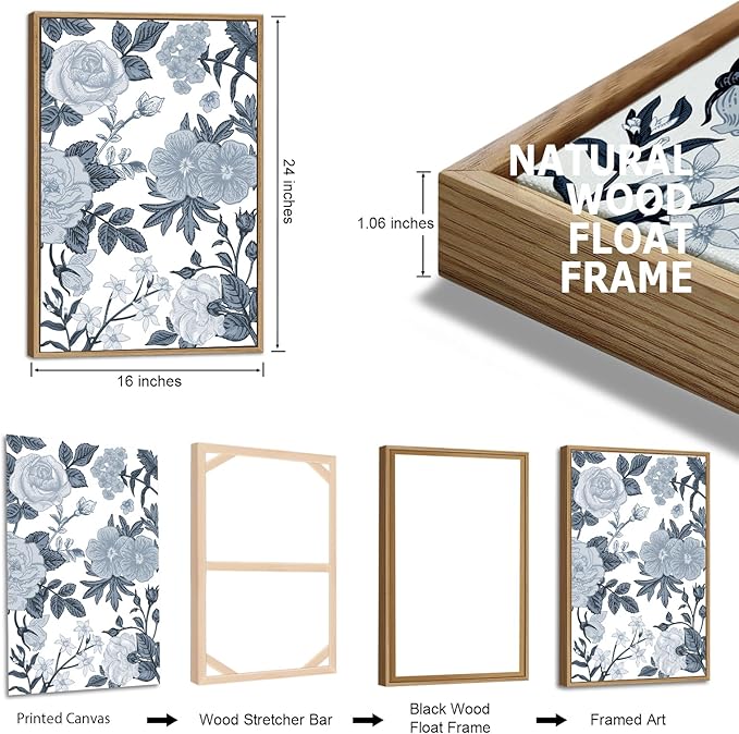 Large Framed Canvas Wall Art - Natural Float Framed Rustic Grey White Flowers Pictures Decor Gray Blue Leaves Artwork Prints for Bedroom Living Room Kitchen Home Office Decoration 48" X 24" Set of 3