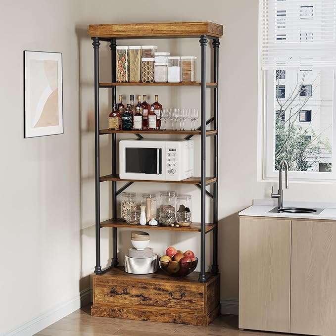 GarveeHome 81.3" Bookshelf with Storage Drawer, Tall Bookcase w/Metal Frame, 5 Tier Vintage Bookshelf Industry Display Storage Shelf for Office Living Room Library Bedroom