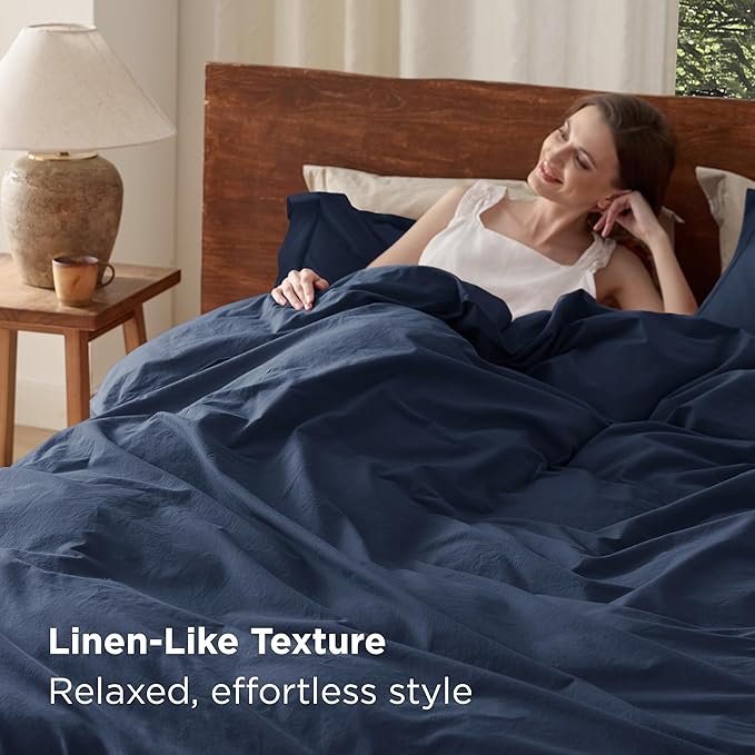 Bedsure 100% Washed Cotton Duvet Cover King Size - Navy Minimalist Cotton Duvet Cover Linen Like for All Seasons - GentleSoft™ Plain Simple Bedding, 3 Pieces (Navy, King, 104"x90")