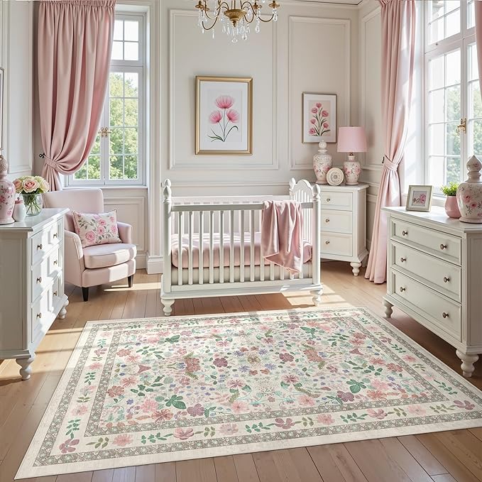 Deerly Floral Area Rugs 4x6 Washable Living Room Bedroom Carpet Vintage Boho Thin Non-Slip Soft Low Pile Floor Mat Indoor Home Decor for Dining Room Playroom Farmhouse, Beige/Light Pink/Multi