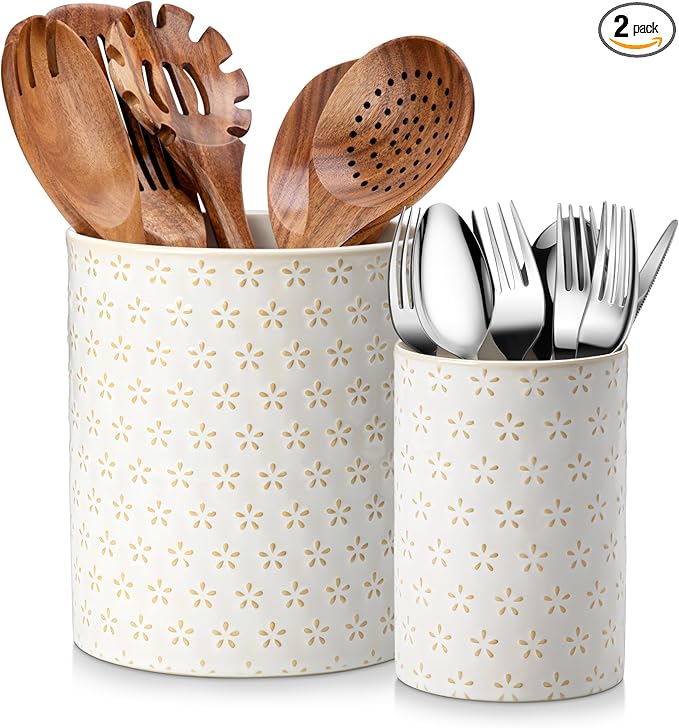 MALACASA LYDIA Ceramic Utensil Holders, 7.3"+5.5" Kitchen Utensil Crock Set for Countertop, Large & Small Utensil Organizers for Cooking Tools, Five-Leaf Grass Pattern