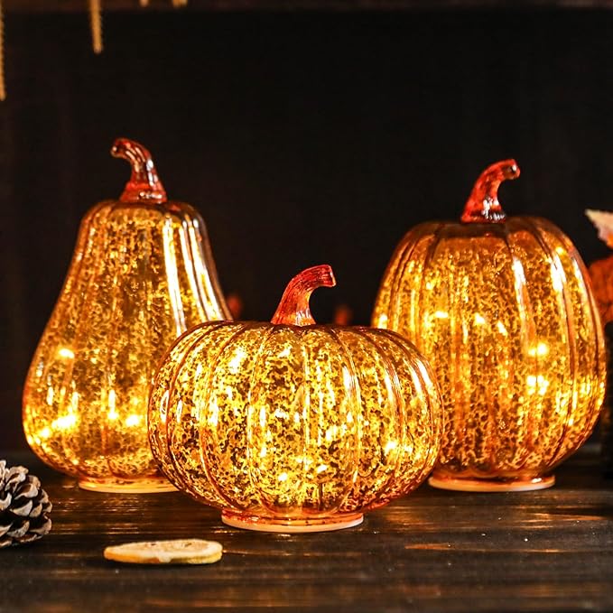Fall Lighted Glass Pumpkins Set of 3 – Battery Operated Mercury Glass Pumpkin Decor with LED Lights, Autumn Thanksgiving Halloween Table Centerpiece Decorations for Home, Fireplace, Mantel, 8"/7"/6"