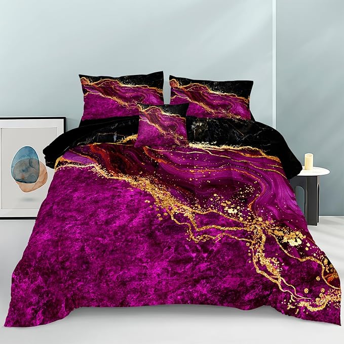 Black Gold Comforter Set Hot Pink Marble Bedding Set Queen Size Black Marble Stone Abstract Artwork Bedroom Decor Black Marble Comforter Sets for All Season