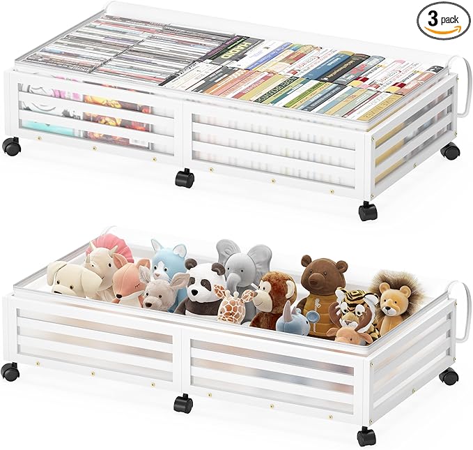 Under Bed Storage Containers With Wheels - 2 Pcs Large Bamboo Wood Rolling Underbed Shoe Storage Bins With Dust Bags for Clothes Blankets, Duvet Covers Snacks Toys (White)