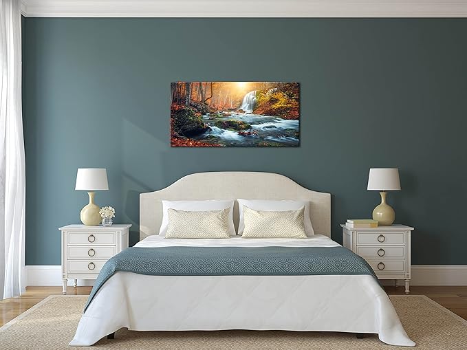 Autumn Waterfall Large Stretched Canvas Wall Art For Living Room Bedroom Home Decoration,Mordern Forest River Print Picture Painting Decor Giclee Artwork,Gallery Wrapped Gift,Inner Frame(30x60)