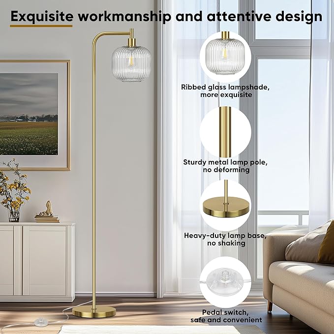 QiMH Glass Floor Lamp for Living Room, Modern Standing Lamp with Ribbed Clear Glass Lampshade Pedal Switch, 67” Tall Lamp for Bedroom Study Room, Brushed Gold (2700K LED Bulb Included)