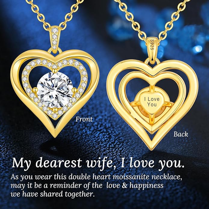 Moissanite Heart Pendant Necklaces for Women, 925 Sterling Silver Gold Plating Lab-Created Gem Necklace Engraved with 'I LOVE YOU', Ideal Anniversary Birthday Christmas Valentine Engagements Mothers Day Jewelry Gifts for Mom Wife Girlfriend Daughter Her