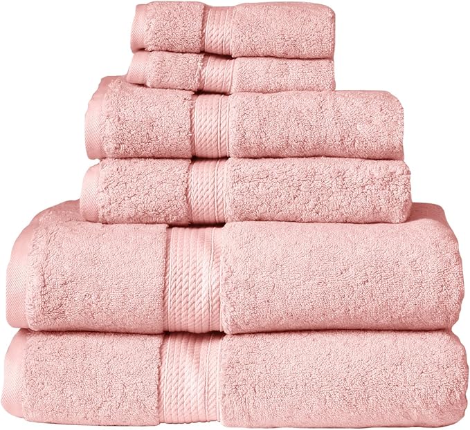 BNM Egyptian Cotton 6-Piece Towel Set, Includes 2 Face Towels, 2 Hand Towels, and 2 Bath Towels, Attached Loop for Easy Hanging and Storage, Hotel Quality, Perfect for Bathroom or Spa, Tea Rose