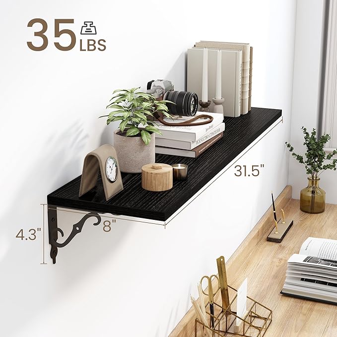 Deep Floating Shelves for Wall, 32"W x 8"D Wall Shelves, 8 Inch Deep Floating Shelf with Bracket, 32 Inch Floating shelves Set of 2, Rustic Shelves for Living Room, Bathroom and Kitchen, Black