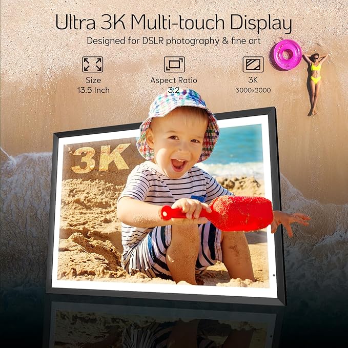 NexFoto 13.5 Inch Touchscreen Digital Picture Frame, 3K Resolution Digital Photo Frame 64GB WiFi, Unboxing Gift Mode, Add Photos from Google Photos, Share Videos, for Friends, Mom, Black