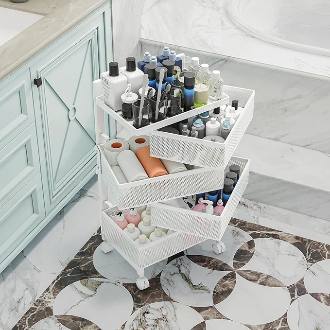 Fruit Basket for Kitchen No Assembly, Rolling Rotating Storage cart,Bathroom Shelf,Storage Drawer Cart for Bathroom,Metal Vegetable Rolling cart(Bright White, 4 Tier-Square)