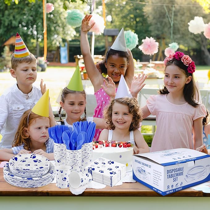 400 Pieces Blue Paw Disposable Party Tableware Sets Dog Puppy Supplies Including Plates Cups Napkins Cutlery Serves 50 for Birthday Puppy Theme Party Decorations