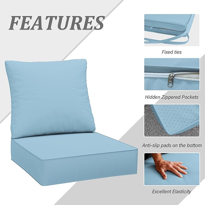 Outdoor Seat Cushion Set 24 x 24 x6.5 Inch Splash-Proof & Fade Resistant Patio Furniture Cushions with Removable Cover Deep Seat & Back Cushion with Straps for Chair Sofa Couch