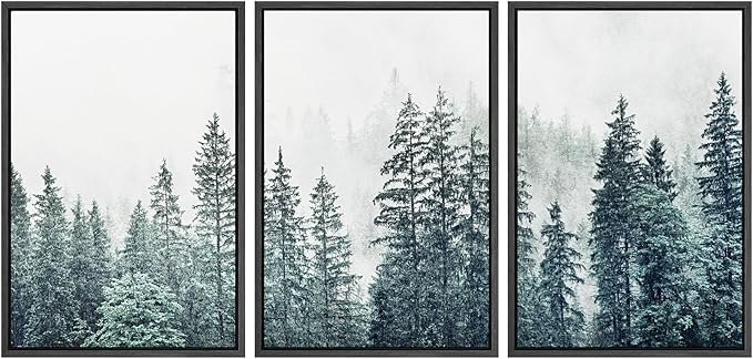 SIGNWIN Framed Canvas Print Wall Art Woodland Nursery Decor Set Film Grain Misty Mountain Pine Trees Nature Wilderness Modern Art Chic Landscape for Living Room, Bedroom, Office - 24"x36"x3 Black