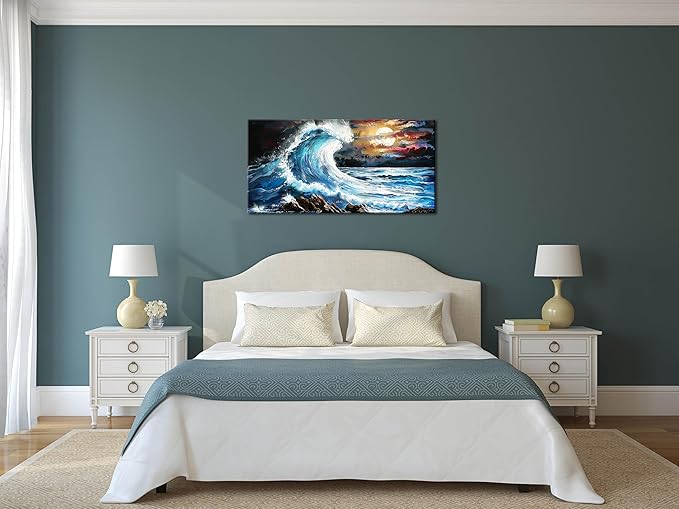 Waves Under The Moonlight Wall Art Decor Artwork for Bedroom (30x60 Inches)