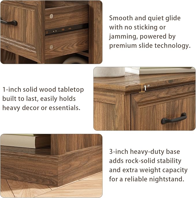 CARPETNAL 20" Farmhouse Nightstand, End Table with Large Drawers & Open Storage, Side Table, Bedside Cabinet for Bedroom, Living Room, Walnut