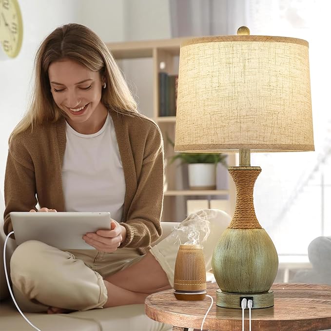 Bedside Table Lamp Set of 2 - Bedroom Table Lamps with 3 Color Temperatures - Boho Rattan Lamps with USB A+C Charging Ports Grey Farmhouse Living Room Lamps for Reading Bulbs Included