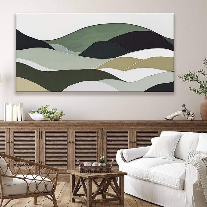 TAIJXAGSG Abstract Wall Art For Living Room Modern Canvas Art Wall Decor Green Wall Art Bedroom Office Decor Abstract White Wall Art Painting Ready To Hang Wall Irregular Shapes Pictures 24 × 48 In