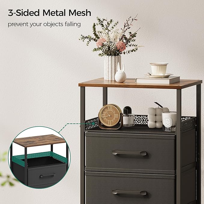 Night Stand Set of 2, Nightstands with 3 Fabric Drawers, Side Table with Open Storage Shelf, Security Metal Mesh, Bedside Tables for Bedroom, Living Room, Small Spaces, Rustic Brown