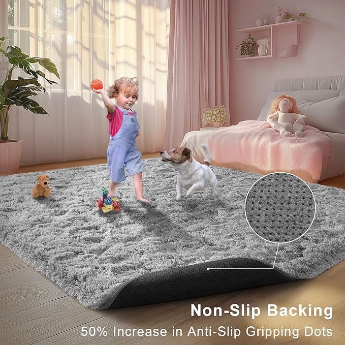 Light Grey Fluffy 9x12 Area Rug for Living Room, Plush Shag Rugs for Bedroom, Large Soft Furry Carpets for Kids Room, Modern Indoor Nursery Carpet for Classroom Dorm Cozy Comfy Home Decor