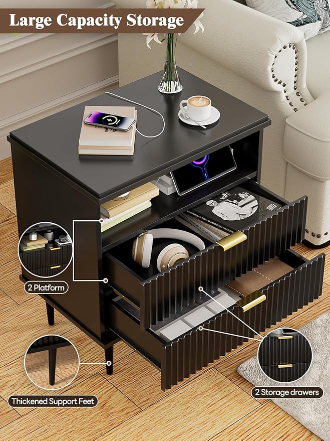 Modern Nightstand with Charging Station, 2 Drawers Fluted Wood Bedside Table with USB, Type-C & Outlets, Metal Legs, Storage Dresser for Bedroom or Living Room (Ink Black, 23.3")