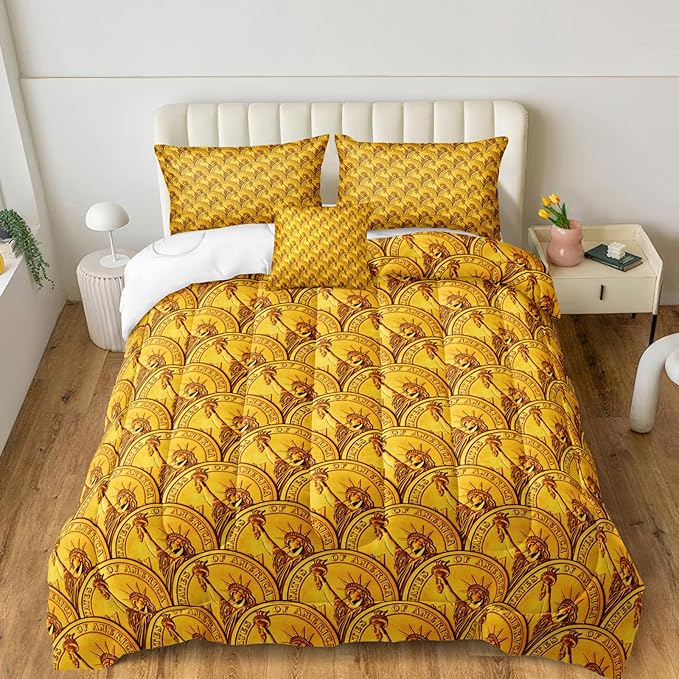 Bedorm Money Comforter Sets Gold Coins Bedding Queen Size Bed Sets Statue of Liberty New York Bedroom Decor Rich Funny Bedding Comforter Set Queen Size