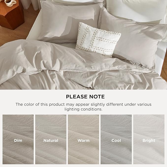 Bedsure 100% Stone Washed Cotton Duvet Cover King Size - Oatmeal Minimalist Cotton Duvet Cover Linen Like for All Seasons - GentleSoft™ Plain Simple Bedding, 3 Pieces (Oatmeal, King, 104"x90")