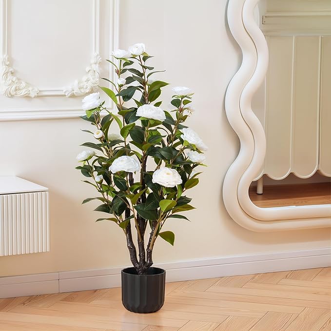 3.2FT Artificial Camellia Trees, White Silk Flowers, Indoor Faux Plants with Realistic Trunk in Black Cement Pot for Home House Living Room Bedroom Office Decor, 2pcs
