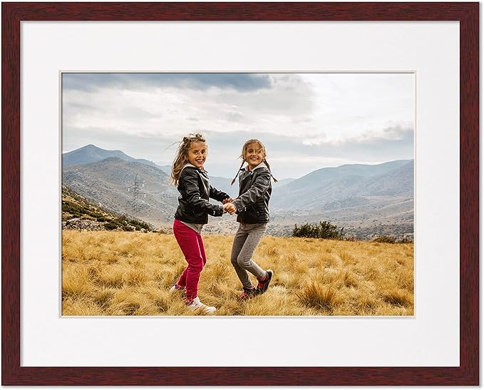 11x14 Frame with Mat - Brown 13x16 Frame Wood Made to Display Print or Poster Measuring 11 x 14 Inches with White Photo Mat