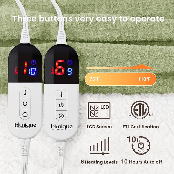 Heated Blanket Electric Blanket Queen Waffle, 84x90 Inches Dual Controllers Sherpa Fleece Fast Heating Blanket 6 Heating Levels & 10 Hours Auto Off ETL Certification, Sage Queen