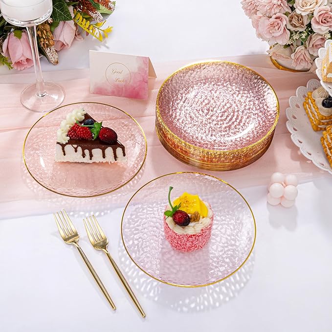 DaYammi 240Pcs Pink Plastic Plates Including 120Pcs Pink Dessert Plates and 120Pcs Gold Plastic Forks,Hammered Party Plate,pink and Gold Appetizer plates Heavy duty Disposable Plate for All Occasions