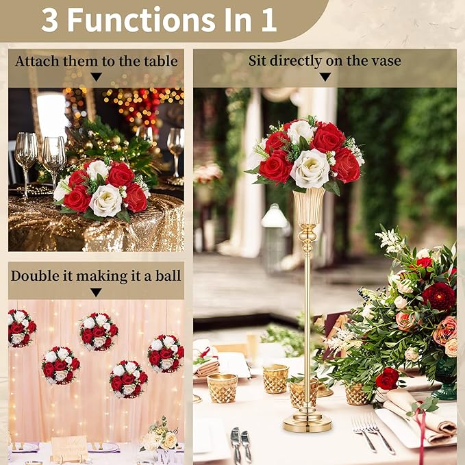 NUPTIO Pcs of 2 Fake Flower Ball Arrangement Bouquet,15 Heads Plastic Roses with Base, Suitable for Our Store's Wedding Centerpiece Flower Rack for Parties Valentine's Day Home Décor (Red & White)