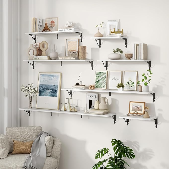16 Inch Deep Floating Shelves for Wall, 8 Inch Deep Floating Shelf with Bracket, White Wall Shelves 16 Inches Long, Wide Display & Storage Shelves for Living Room, Bathroom, Bedroom, White, Set of 2