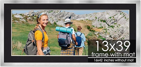 13x39 Frame with Mat - Silver 16x42 Frame Wood Made to Display Print or Poster Measuring 13 x 39 Inches with Black Photo Mat