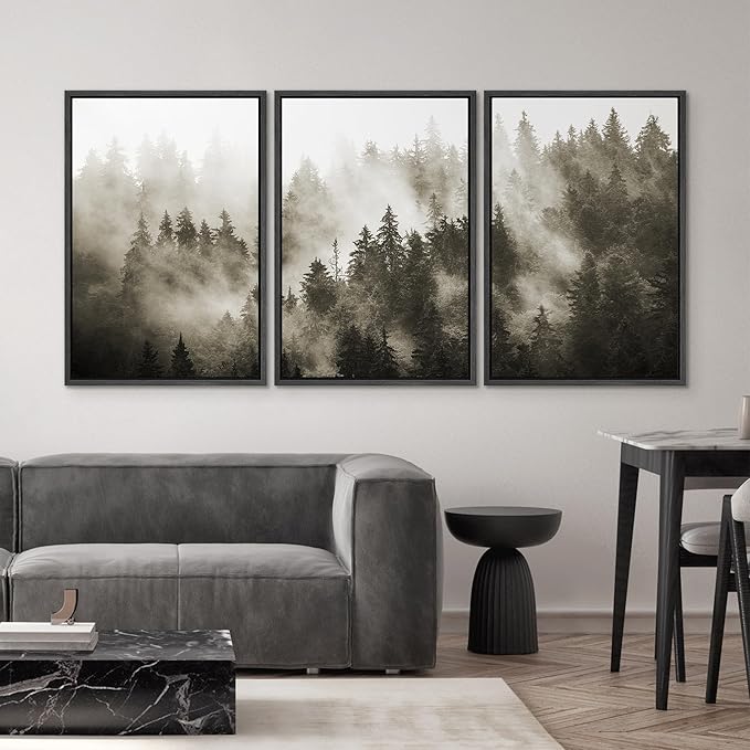 SIGNWIN Framed Canvas Print Wall Art Woodland Nursery Decor Set Duotone Blue Misty Pine Tree Forest Nature Modern Art Rustic Landscape Colorful for Living Room, Bedroom, Office - 24"x36"x3 Black