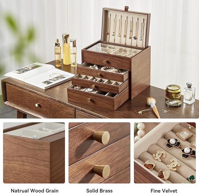 Black Walnut Wooden Jewelry Box for Women 4 Layer with Glass Lid and Pull-out Necklace Storage Layer Watch Necklace Ring Earring Storage,Gifts