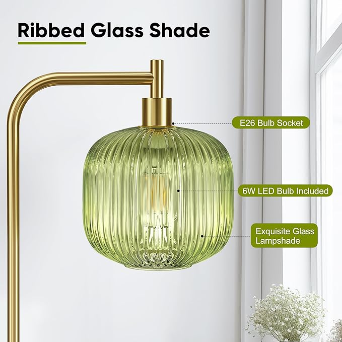 QiMH Glass Floor Lamp for Living Room, Modern Standing Lamp with Ribbed Glass Lampshade Pedal Switch, 67” Tall Lamp for Bedroom Study Room, Brushed Gold (2700K LED Bulb Included)
