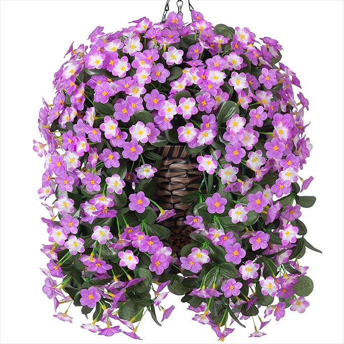 Artificial Faux Fall Hanging Flowers Plants Baskets for Outdoor Outside, Fake Silk Light Fuchsia and Fuchsia Orchid Trailing Vines in Planter Realistic UV Resistant for Balcony Porch Decor