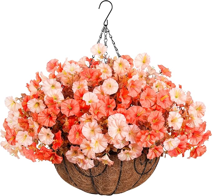 Artificial Fake Hanging Flowers with Basket for Fall Decoration, 12 Bundles Faux Silk Morning Glory Plants for Outdoor Planters, Realistic UV Resistant Artificial Flowers for Outside Porch Garden