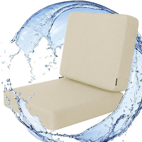 Favoyard Outdoor Deep Seat Cushion Set, 22 x 22 Inch Rainproof & 3-Year Fade Resistant Patio Furniture Cushions, Removable Seat Bottom & Back Cushion Covers with Ties for Chair, Sofa, Couch, Beige