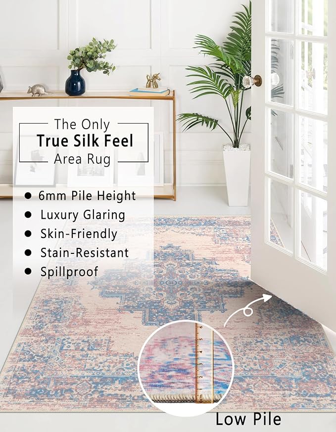 vivorug 6x9 Area Rugs, Ultra-Soft Washable Rug for Living Room Dinner Room Bedroom, Non-Slip Vintage Rug, Indoor Carpet Large Area Rug, Pink