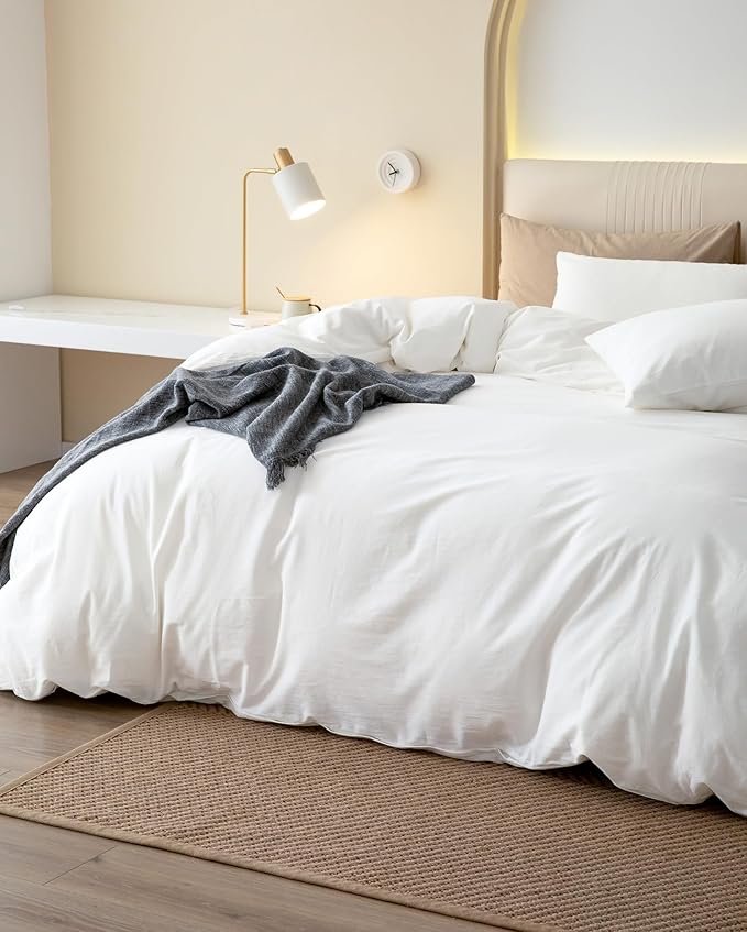 JIYUAN 100% Washed Cotton Duvet Cover Set 3 Pieces Alaska King, 1 Duvet Cover 132x120 Inches(Comforter Not Included) and 2 Pillowcases,Linen Feel Bedding Set Comfy and Breathable,Bright White