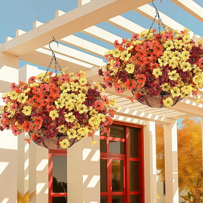 Geegoods 2 Set Artificial Hanging Basket Fall Flowers for Outdoor, Fake Faux UV Resistant Look Real Mixed Mums Plants for Autumn Porch Patio Balcony Yard Home Decor