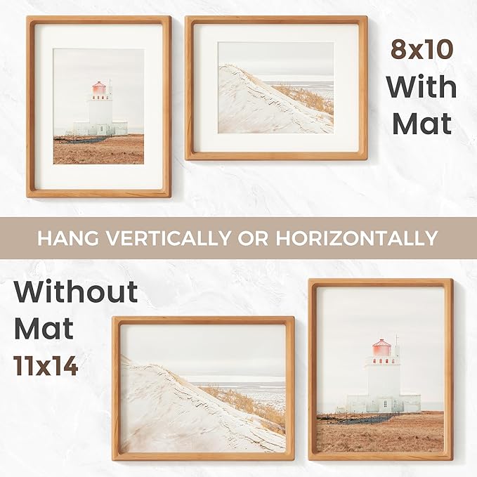 11x14 Picture Frame Set of 2, USA-Sourced Cherry Wood Photo Frame with Tempered Glass, Handcrafted Rounded Corner 11 x 14 Wooden Frame Matted to 8x10 Photos, Wall or Tabletop Display