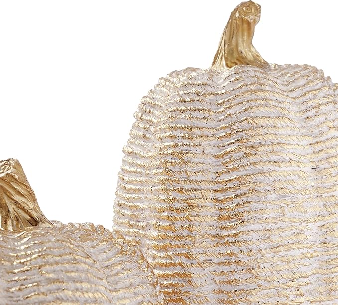 DN DECONATION Fall Pumpkin Decorations Table Centerpieces, 2Pcs White & Gold Artificial Pumpkins Figurines for Autumn Thanksgiving Harvest Indoor Home Decor (Resin with Rope-Wrapped Texture)