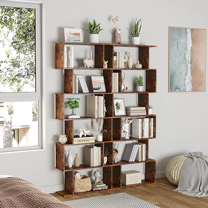 Yusong Geometric Bookcase, Bookshelf 6-Tier S Shaped Book Shelves for Bedroom, Modern Wood Decorative Display Shelf Tall Book Case for Home Office, Rustic Brown