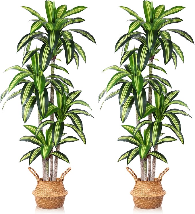 Artificial Plants, 6 Ft Dracaena Tree Faux Plants Indoor Outdoor Decor Fake Tree with Woven Seagrass Basket Plants for Home Decor Office Living Room Porch Patio Housewarming 2 Pack